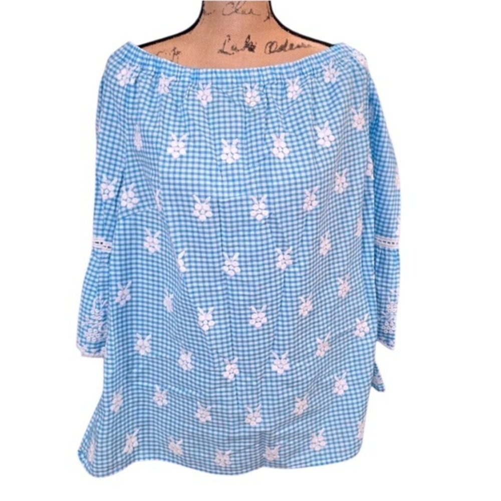 Life Style Blue Gingham Embroidered Floral Off-Shoulder Top‎ Plus Size 2X